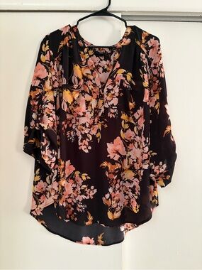 torrid Black Floral V-Neck Blouse with Pink and Yellow Blooms